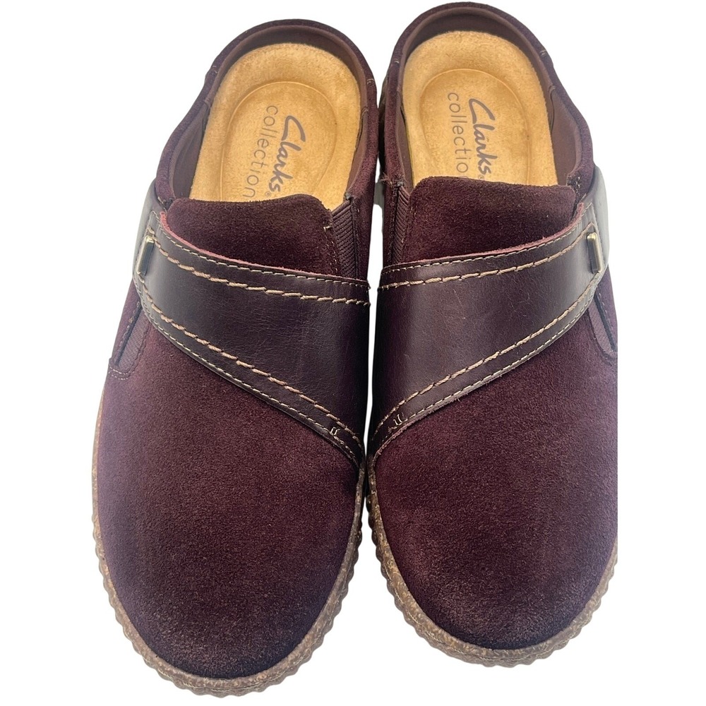Clarks Caroline Bay Mules Wine Suede Leather Clogs Size 5.5 M